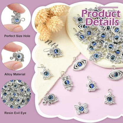 LiQunSweet 100 Pcs Mixed Shapes Turtle Elephant Butterfly Owl Animal Evil Eye Charms for Jewelry Making Bracelet Earrings Necklace DIY Craft - color: Animal Evil Eye Charms_100 Pcs