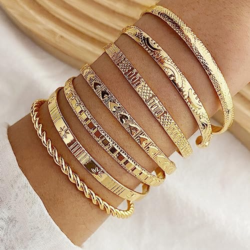 Golden Bangle Bracelets Set for Women, 14k Gold-Plated Multi Layer Stackable Cuff Bracelets, Personalized Boho Non Tarnish Adjustable Bangle Jewelry Gift for Her - color: 7PCS Love twist