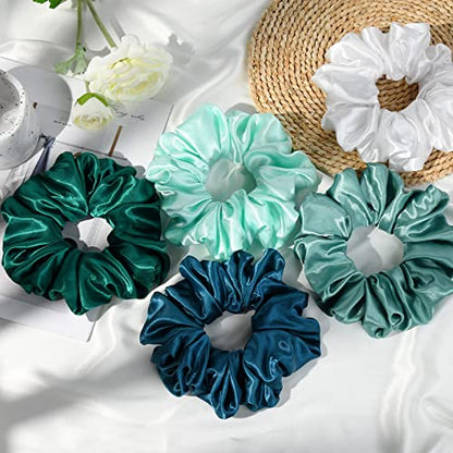 Large Silk Satin Scrunchies - Jumbo Hair Ties for Thick Curly Hair - Pack of 6 (Green) - color: Green, size: 1 Count (Pack of 6)