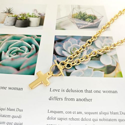 Airmb Cross Necklace for Women Gold/Silver Plated Layered Dainty Cross Chain Trendy Choker Satellite Charm Small Crucifix Pendant Gold/Silver Necklace Stackable Hypoallergenic Delicate Gift for Women - color: Gold-Chunky Cross