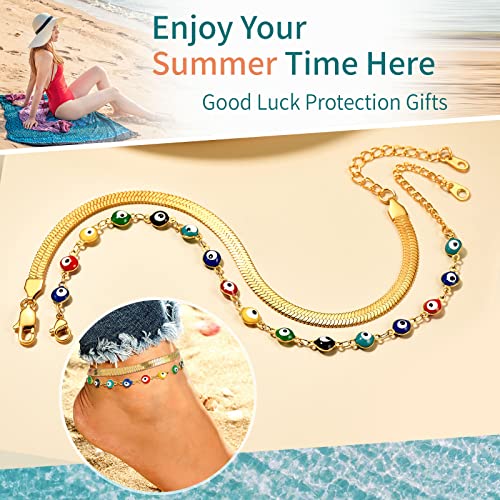 Supcare Evil Eye Anklets for Women,Cuban/Figaro/Mariner/Snake Chain Layered Ankle Bracelet Gifts (with Gift Packing) - color: 04-layered snake gold
