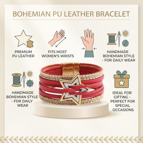 Leather Wrap Bracelets for Women Boho Layered Cuff Bracelets Bling Bohemian Jewelry - color: Burgundy
