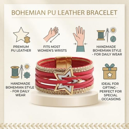 Leather Wrap Bracelets for Women Boho Layered Cuff Bracelets Bling Bohemian Jewelry - color: Burgundy
