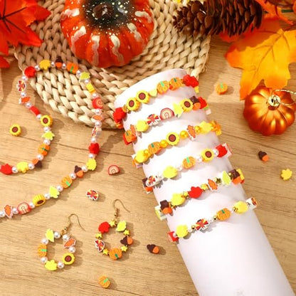 Fall Polymer Clay Beads for Thanksgiving Jewelry Bracelet Making | 8mm Autumn Polymer Clay, Ideal for Holiday Crafts, DIY Thanksgiving Festive Jewelry, 300Pcs Maple Leaf Pumpkin Turkey Shapes - color: Autumn Color