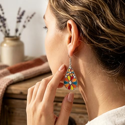 Colorful Green Teardrop Earrings for Women - Bohemian Style Enamel Dangle Earrings Lightweight Fashion Jewelry for Daily/Wedding/Party - color: yellow red blue