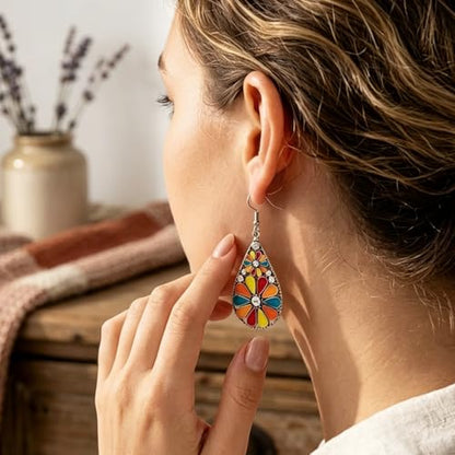 Colorful Green Teardrop Earrings for Women - Bohemian Style Enamel Dangle Earrings Lightweight Fashion Jewelry for Daily/Wedding/Party - color: yellow red blue
