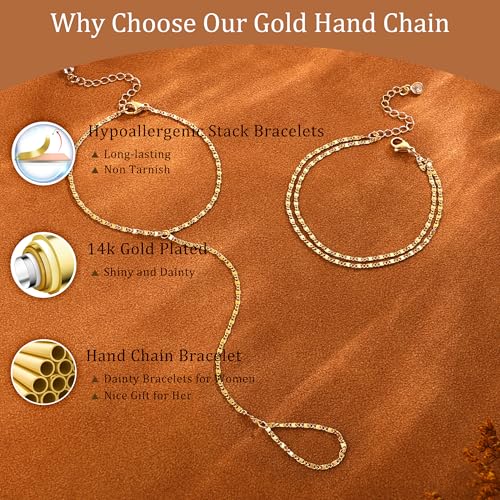 CHESKY 14K Gold Plated Hand Chain Bracelets for Women Stack Jewelry | Dainty Finger Ring Bracelet, Adjustable Hand Chains, Waterproof Beaded Gold Bracelets, Daily Body Jewelry Gift for Women - color: gold-square bracelet