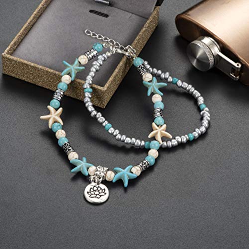 Softones Blue Starfish Turtle Anklet Multilayer Charm Beads Sea Handmade Boho Anklet Foot Jewelry for Women - style: S:Flower