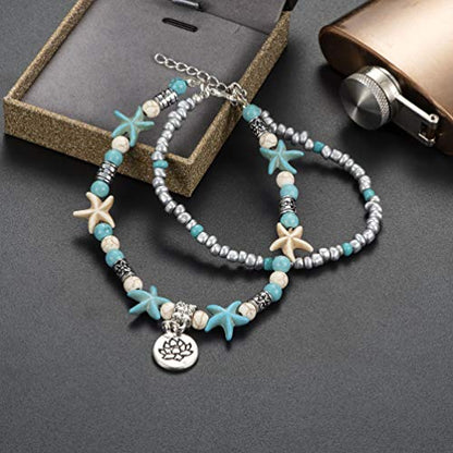 Softones Blue Starfish Turtle Anklet Multilayer Charm Beads Sea Handmade Boho Anklet Foot Jewelry for Women - style: S:Flower