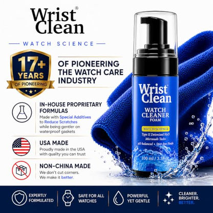 Royal Watch Cleaning Kit | (1x) Watch Cleaner Foam 100ML, (1x) Large Drying Towel, (2x) Non-scratch Brushes, (1x) Microfiber Pouch | USA Made (5 piece Set) | Science Formulation for Gentle Care | Special in-house Formulation for Reducing Scratches During