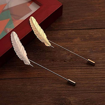 Men Metal Feather Brooch Pin Vintage Lapel Stick Pin Suit Tie Brooch Badge 2PCS