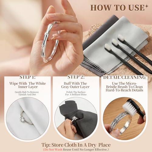 6 PCS Large Silver Polishing Cloth Kit, 3 Pack 10" x 12" Jewelry Cleaner Cloths with 3 Soft Brushes, Tarnish Remover & Scratch-Free Cleaner for Silver, Gold, Diamond, Coins, Watches, Deep Gray & Gray - color: Set of 3 Brushes + 3 Cloths(deep Gray, Light G