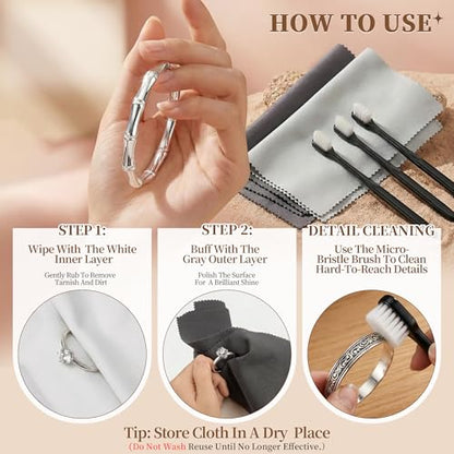 6 PCS Large Silver Polishing Cloth Kit, 3 Pack 10" x 12" Jewelry Cleaner Cloths with 3 Soft Brushes, Tarnish Remover & Scratch-Free Cleaner for Silver, Gold, Diamond, Coins, Watches, Deep Gray & Gray - color: Set of 3 Brushes + 3 Cloths(deep Gray, Light G