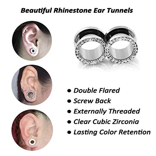 YOFANST 6pcs-12pcs Stainless Steel Clear Black Zircon Ear Tunnels Clear CZ Ear Stretcher Expander Piercing Diamond Gauge Plugs Set 8g-5/8 inch - color: 12pcs, 00g(10mm)