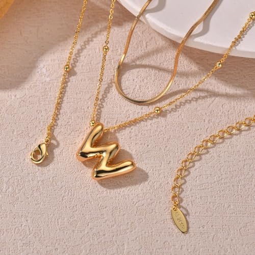 LUCA SMITH 2-Piece Initial Necklaces for Women, Dainty Balloon Bubble A-Z Letter Necklace Set, Name Letter Alphabet Pendant Layered Choker Necklaces Personalized Jewelry Gift - color: Gold bubble letter necklace, style: Initial Set-W