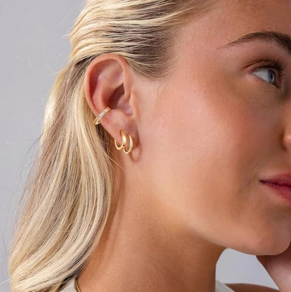 micuco 3 Pairs Small Gold Hoop Huggie Earrings Set for Women Men Tendy | 14K Gold Plated Small Huggie Hoop Earrings for Men, Tiny Cartilage Hypoallergenic Earring Set - style: Q# 3 Pairs Gold 10-10-10mm