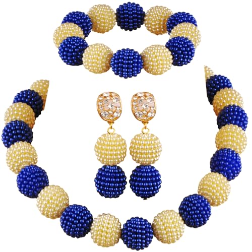 Nigerian Wedding African Beads Jewelry Set Women Simulated Pearl Necklace and Earrings - color: Royal Blue-Champagne Gold