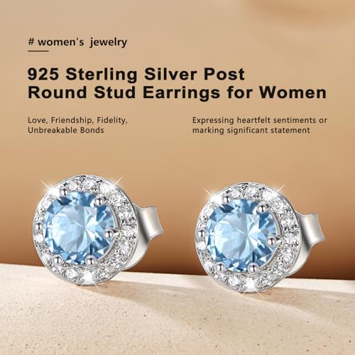 Bestyle 8mm Small Birthstone Earrings for Women with Hypoallergenic Sterling Silver Post,Sparkle Heart/Round Womens Studs Earrings, Great Birthday/Christmas/Anniversary Jewelry for Wife Mother - color: 03. Mar. Aquamarine-Round