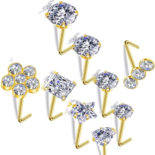 Nose Rings & Studs - 18g, 20g, 22g 14K Gold Bone Nose Studs for Women in Titanium Steel - color: 20g 9pcs Gold L Shaped 316L Surgical Steel