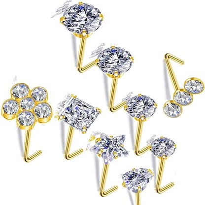 Nose Rings & Studs - 18g, 20g, 22g 14K Gold Bone Nose Studs for Women in Titanium Steel - color: 20g 9pcs Gold L Shaped 316L Surgical Steel