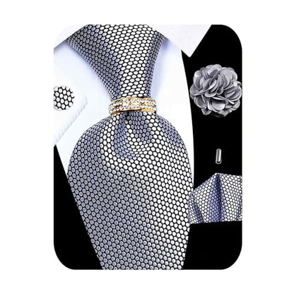 5PCS Mens Silk Tie, Pocket Square, Cufflinks, Drilled Tie Ring and Lapel Pin Set for Wedding Groom Party - color: Silver Gray Tie Set -105