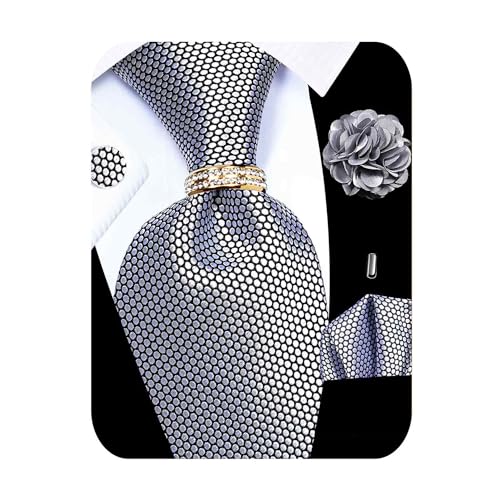 5PCS Mens Silk Tie, Pocket Square, Cufflinks, Drilled Tie Ring and Lapel Pin Set for Wedding Groom Party - color: Silver Gray Tie Set -105