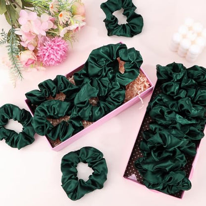 Jaciya Satin Scrunchies for Women Green Hair Scrunchies Elastic Hair Ties | 24 Pack Elastic Hair Ties for Ponytails and Buns - color: Dark Green