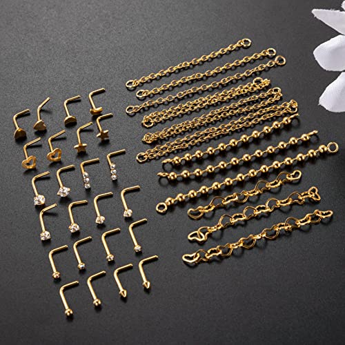 20G Stainlesss Steel Nose Rings Stud Nose Chain Piercing Across Double Nose Stud Womens Nostril Piercing Jewelry - color: L Shaped Gold