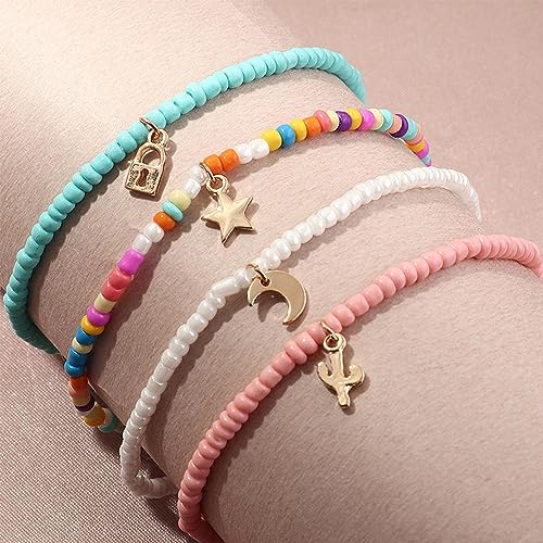 Handmade Multilayered Rainbow Colorful Beads Link Chain Moon Star Butterfly Pendant Choker Necklace Friendship Creative Beach Costume Jewelry for Women - color: bracelet
