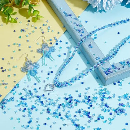 PH PandaHall 12000PCS 24 Styles Glass Seed Beads 3~4mm 8/0 Blue Friendship Waist Bead Round Tiny Loose Spacer Beads Small Craft Seed Mini Glass Bead for Summer Seaside Beading Weaving Bracelet