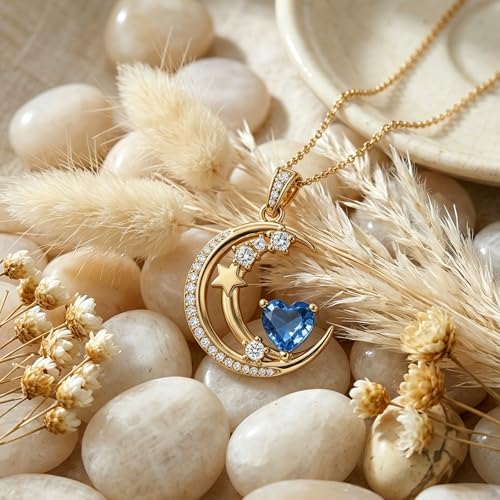 Midari 18K Gold Moon Star Necklace Moon Star Pendant Necklace with 12 Months Birthstones Moons Jewelry Gifts for Women Mom Her - color: 09-September