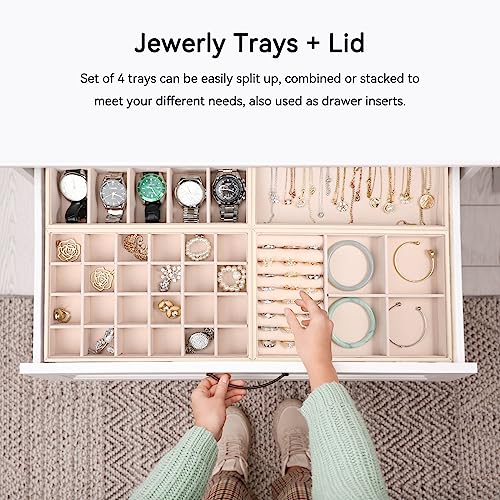 Voova Stackable Jewelry Organizer Tray with Lid (Set of 4, Apricot) | Stackable PU leather jewelry trays with drawer inserts for earrings, rings, necklaces, bracelets and watches; set of 4 - color: Apricot