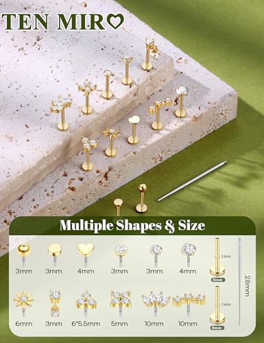 TEN MIRO Flat Back Stud Cartilage Earring for Women Tragus Piercing Jewelry | 16G 18G 20G Hypoallergenic Earrings, Gold Silver Surgical Steel Nose Studs Internal Thread Conch Ring, Helix Piercing Jewelry - color: Gold, size: 18G(1.0mm),8mm