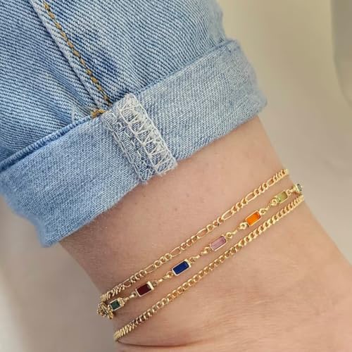 Rotnso Anklets for Women 14K Gold Silver Plated Ankle Bracelets Trendy Waterproof Boho Anklets Set Adjustable Dainty Cute Diamond Beaded Heart Non Tarnish Summer Beach Jewelry Gift - style: 3Pcs Cuban&Baguette&Figaro-GD