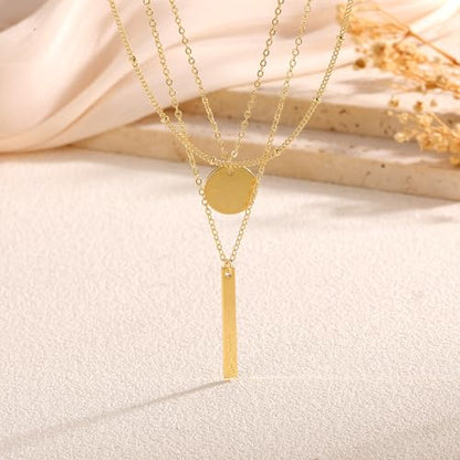 Gold Necklace for Women 14K Gold Plated Layered Cross Bar Necklace Herringbone Figaro Paperclip Flat Chain Cute Charm Accessories Non Tarnish Jewelry Set Gifts for Women - style: R-NK-07-Disc bar-GD