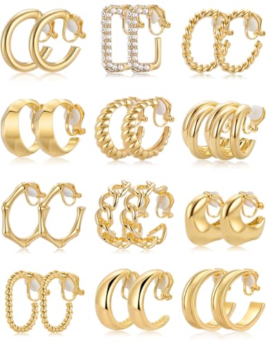 12 Pairs Clip on Hoop Earrings for Women 14K Gold Plated Chunky Clip on Earrings CZ Tube Twist Croissant Bamboo Round Geometric No Piercing Ear Clips Set Trendy Fake Earrings Jewelry - color: Gold