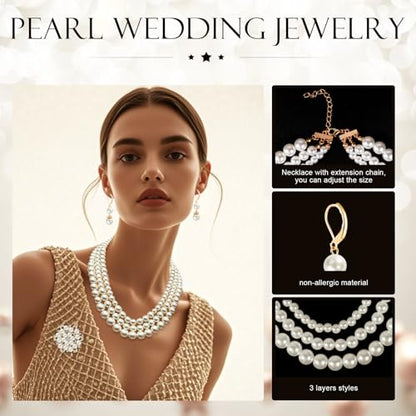 Pearl Jewelry Set for Women Faux Pearl Costume Jewelry Set with Necklace, Bracelets, Ring, Earrings for Wedding Bridal Birthday Tea Party - color: 3Pcs White