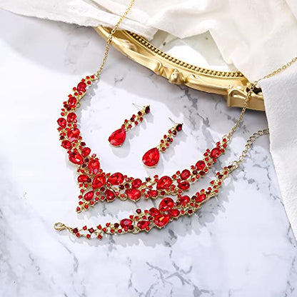 Wedding Bridal Jewelry Set for Women Bride Bridesmaids | Gorgeous Austrian Crystal Teardrop Cluster Statement Necklace Dangle Earrings Link Bracelet Set Prom Jewellery - color: 20-Ruby Color Gold-Plated-Base