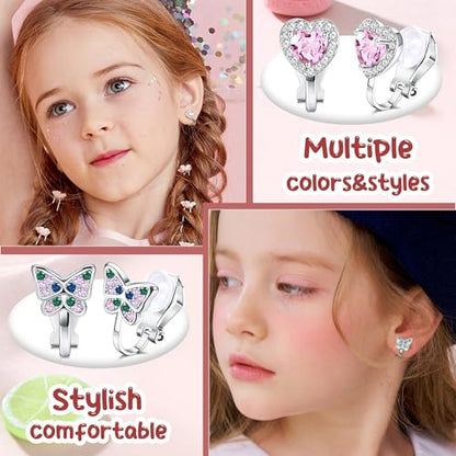 FASACCO 8-10Pairs Clip on Earrings for Women Girls Colorful Crystal Non-Piercied Earrings Cute Flower Heart Butterfly Pearl Clip-on Earrings Over 3 Years Old - style: 10Pairs Pink