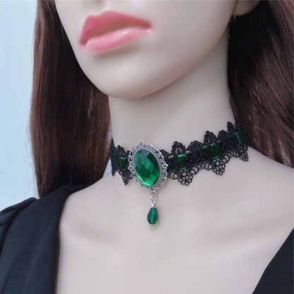 CSIYANJRY99 Gothic Choker Necklace for Women Halloween Red Crystal Vampire Choker Steampunk Lace Choker Witch Costume Accessories - style: Green
