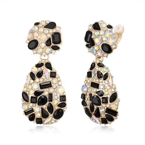 EVER FAITH Glamour Rhinestone Statement Clip-on Earrings, Fashion Chic Art Deco Sparkly Marquise Water Drop Crystal Dangle Earrings for Women - color: Black Gold-Tone