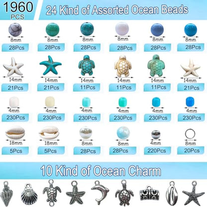 1960Pcs Ocean Beads for Bracelets Making Kit, Blue and White Summer Beach Bead for Jewelry Making, Sea Turtle Seashell Starfish Shape Beads 8mm Round Seed Bead for DIY Craft Bracelets Earring - color: Blue+white