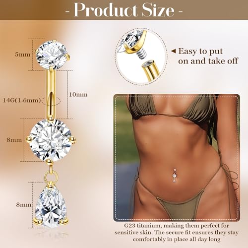 14G G23 Titanium Dangle Belly Button Ring for Women Dangling Belly Rings CZ Butterfly Teardrop Navel Rings Internally Threaded Curved Barbell Navel Piercing Jewelry - color: Gold-3