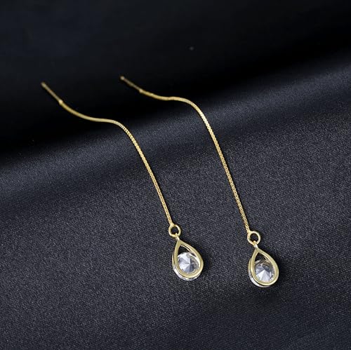 Reffeer Solid 925 Sterling Silver CZ Droplet Chain Dangle Earrings for Women Teen Girls Tassel Dangle Earrings Threader - color: B-Yellow