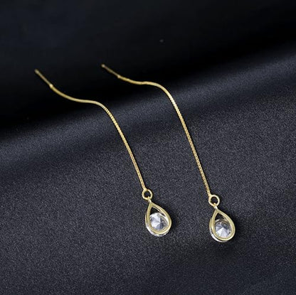 Reffeer Solid 925 Sterling Silver CZ Droplet Chain Dangle Earrings for Women Teen Girls Tassel Dangle Earrings Threader - color: B-Yellow