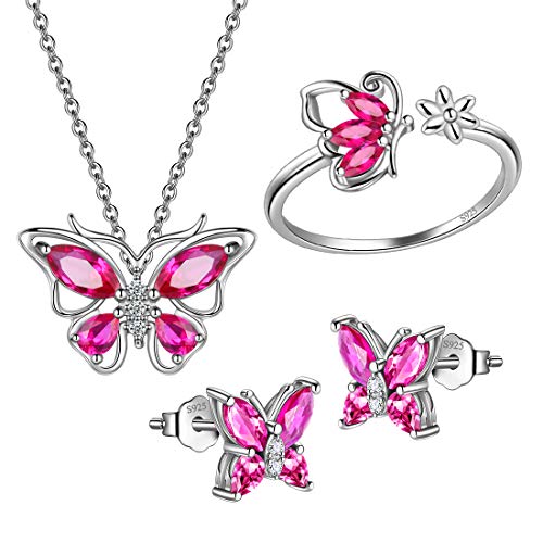 925 Sterling Silver Birthstone Butterfly Jewelry Women Crystal Animal Cute Butterflies Birthday Necklace/Earring/Ring/Bracelet Sets Birth Stone Statement Anniversary Jewellery - color: 2-G.July-Ruby