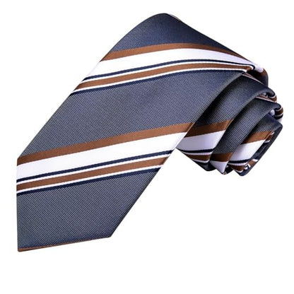 Dubulle Mens Paisley Striped Tie Woven Necktie for Men and Handkerchief Cufflinks Set Wedding Formal Business - color: Brown Blue