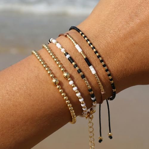 5Pcs Stack Gold Plated Ball Beaded Bracelets Set for Women, Boho Handmade Colorful Glass Pearl Stretch Accessories Jewelry, Summer Beach Daily Wear Holiday Friendship Gift - color: White Black Gold