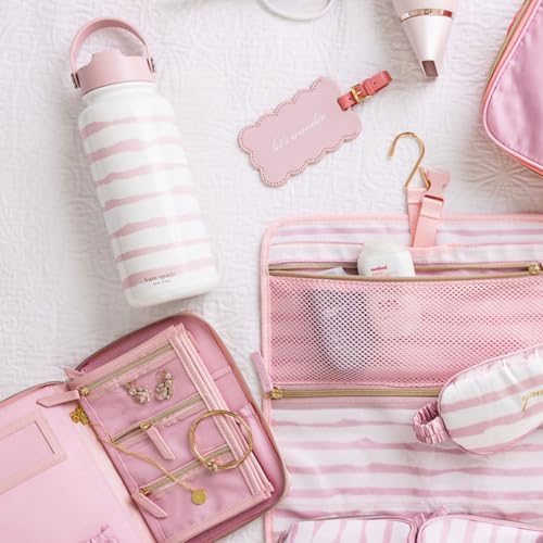 kate spade new york Travel Jewelry Folio, Goddess Stripe | 8.5" x 6" Organizer with Zippered Pockets, Tabs & Tracker Pocket, Pink Leatherette Case for Earrings, Necklaces, & Bracelets
