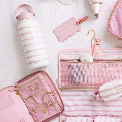 kate spade new york Travel Jewelry Folio, Goddess Stripe | 8.5" x 6" Organizer with Zippered Pockets, Tabs & Tracker Pocket, Pink Leatherette Case for Earrings, Necklaces, & Bracelets